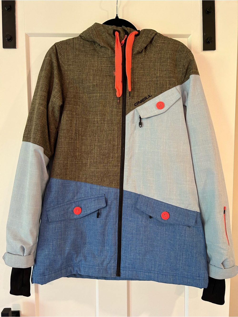 O'Neill Women’s Colorblock Ski/Snowboard Jacket - Olive, Coral & Blue